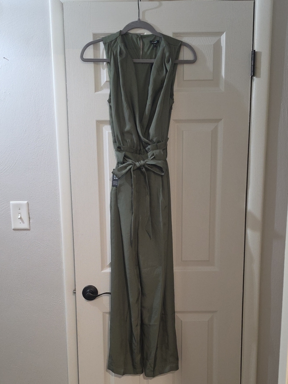 Express Olive Green Sleeveless Wrap Jumpsuit with Waist Tie